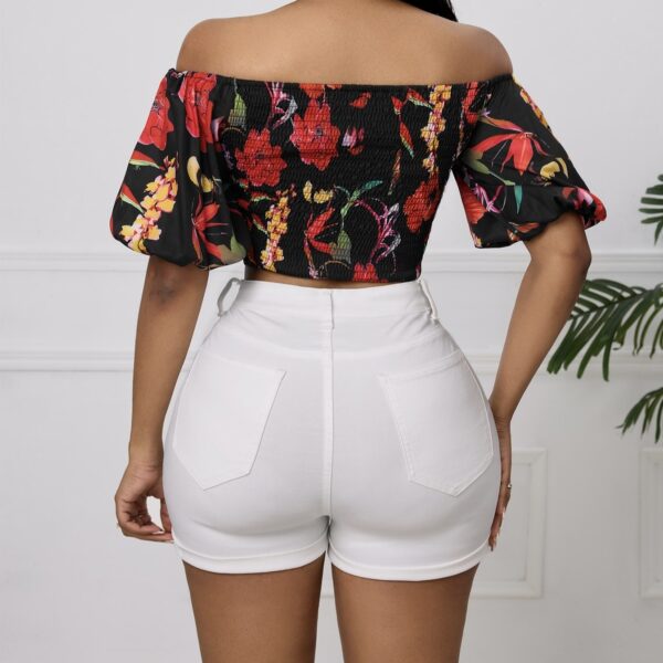 Ladies' Summer New Cross Wrapped Chest Lantern Sleeve Short Flower Printed Elegant Top - Image 3