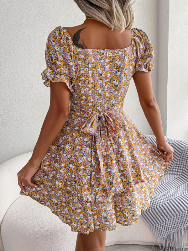 Women Mini Dress Temperament Big Swing Loose Hem Flower Print Shirring Dress Up Short Sleeves High Waist Summer Dress Clothes - Image 6