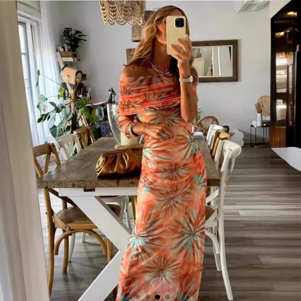 Printed Slim-fit Off-neck Long Sleeve Dress Women - Image 3