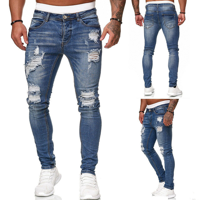 Fashion Street Style Ripped Skinny Jeans Men Vintage Wash Solid Denim Trouser Mens Casual Slim Fit Pencil Denim Pants - Image 2