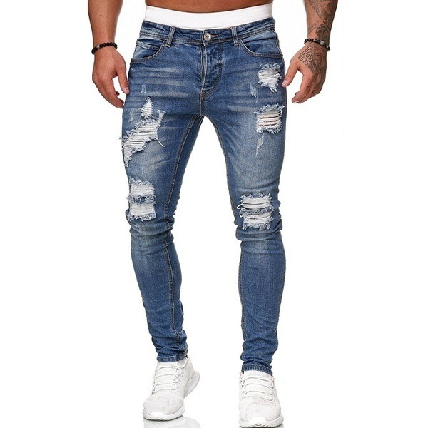 Fashion Street Style Ripped Skinny Jeans Men Vintage Wash Solid Denim Trouser Mens Casual Slim Fit Pencil Denim Pants - Image 4