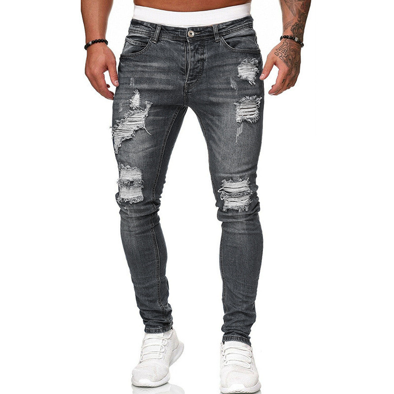Fashion Street Style Ripped Skinny Jeans Men Vintage Wash Solid Denim Trouser Mens Casual Slim Fit Pencil Denim Pants - Image 3