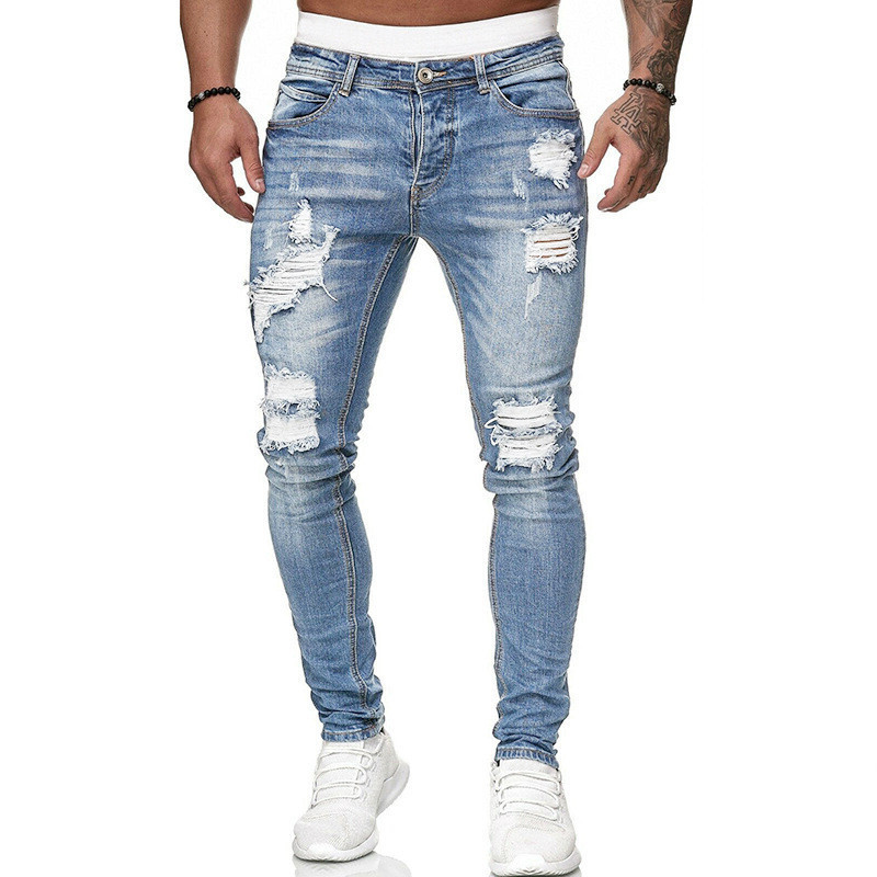 Fashion Street Style Ripped Skinny Jeans Men Vintage Wash Solid Denim Trouser Mens Casual Slim Fit Pencil Denim Pants - Image 6