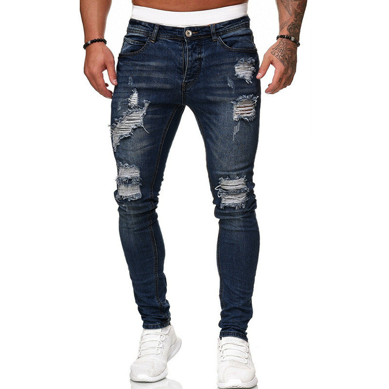 Fashion Street Style Ripped Skinny Jeans Men Vintage Wash Solid Denim Trouser Mens Casual Slim Fit Pencil Denim Pants - Image 5