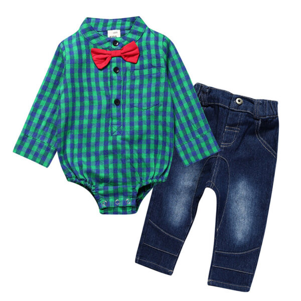 Boy Gentleman Plaid Suit Baby One-Piece Suit Bag Fart Clothes Jeans Kids Suit - Image 2