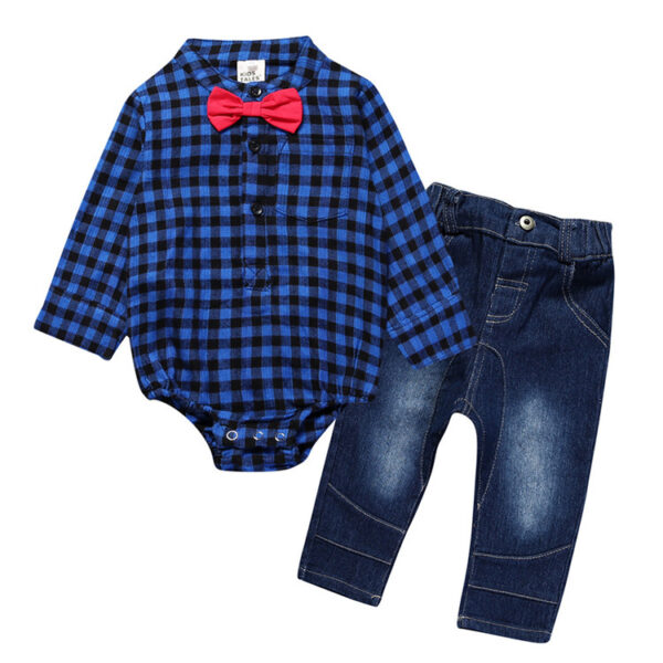 Boy Gentleman Plaid Suit Baby One-Piece Suit Bag Fart Clothes Jeans Kids Suit - Image 3