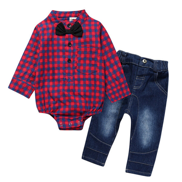 Boy Gentleman Plaid Suit Baby One-Piece Suit Bag Fart Clothes Jeans Kids Suit - Image 4