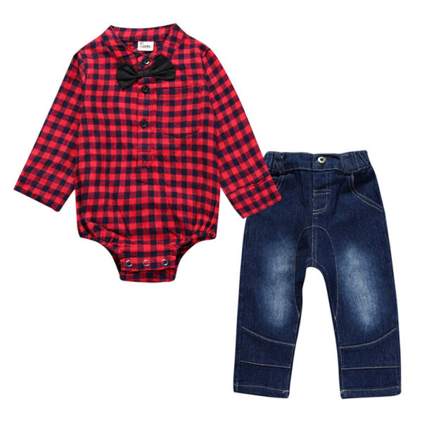 Boy Gentleman Plaid Suit Baby One-Piece Suit Bag Fart Clothes Jeans Kids Suit - Image 5