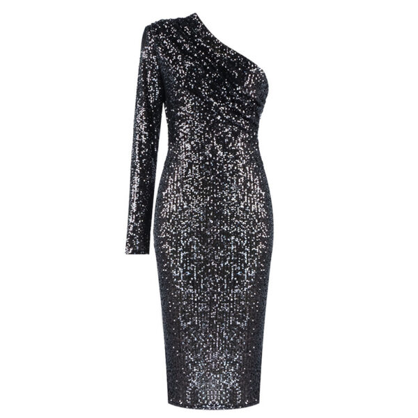 One-shoulder Dress Oblique Collar Wrapped Chest Evening Dress Fashion Sequins Nightclub Sexy - Image 4