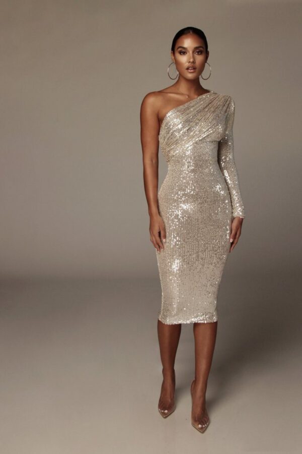 One-shoulder Dress Oblique Collar Wrapped Chest Evening Dress Fashion Sequins Nightclub Sexy - Image 3