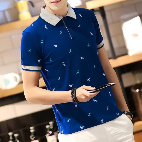 Short Sleeve T-shirt Men''s One Summer Men''s Thin Polo Shirt Fawn Print Lapel T-Shirt Large - Image 2