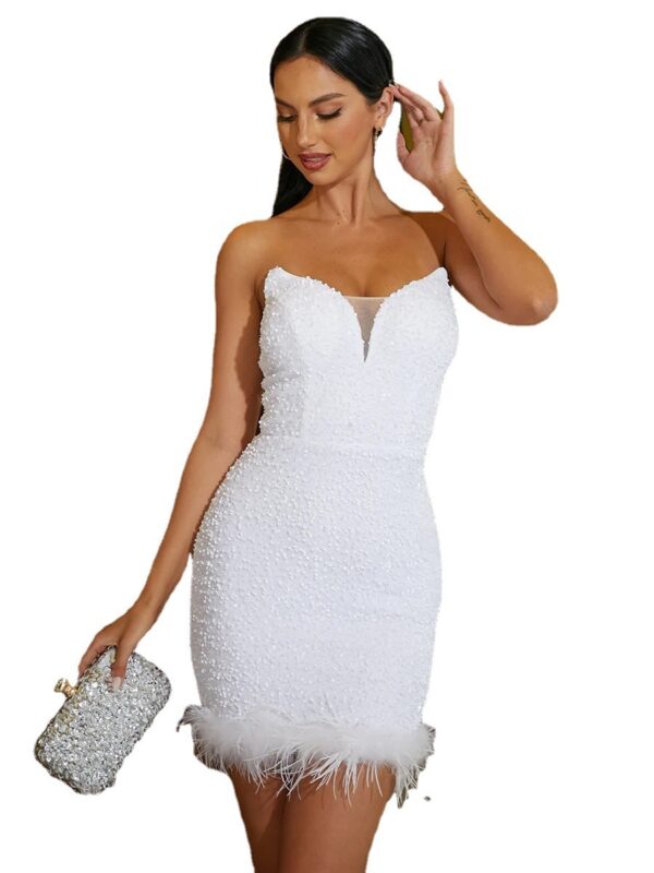 Tube Top Feather Slit Mid-length Polyester Evening Dress - Image 5