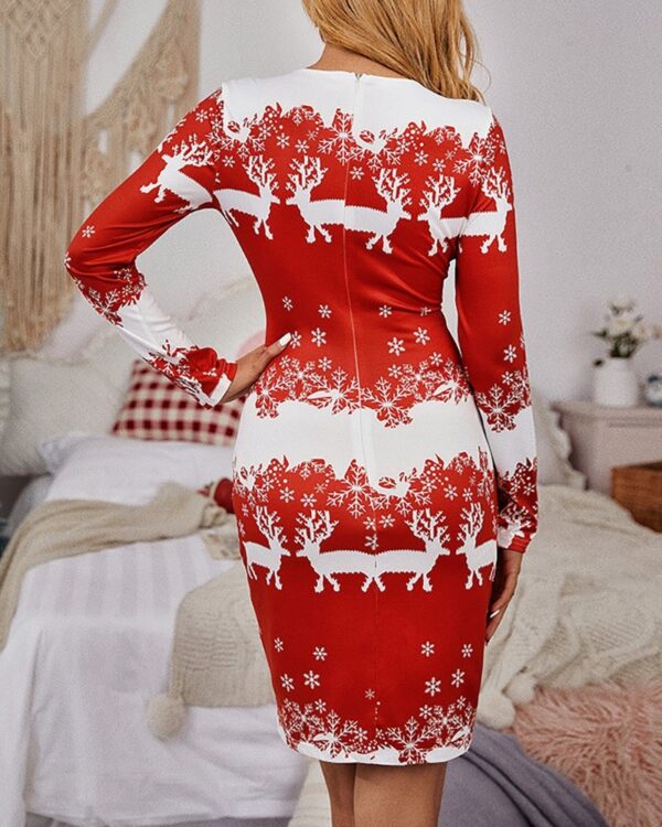 Casual Christmas Printed Long Sleeve Pocket Round Neck Base Slim Dress - Image 3
