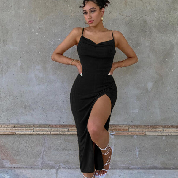 European And American Smooth Knitted Women's Slit Suspender Dress - Image 4