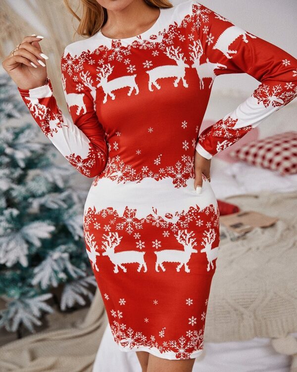 Casual Christmas Printed Long Sleeve Pocket Round Neck Base Slim Dress - Image 6