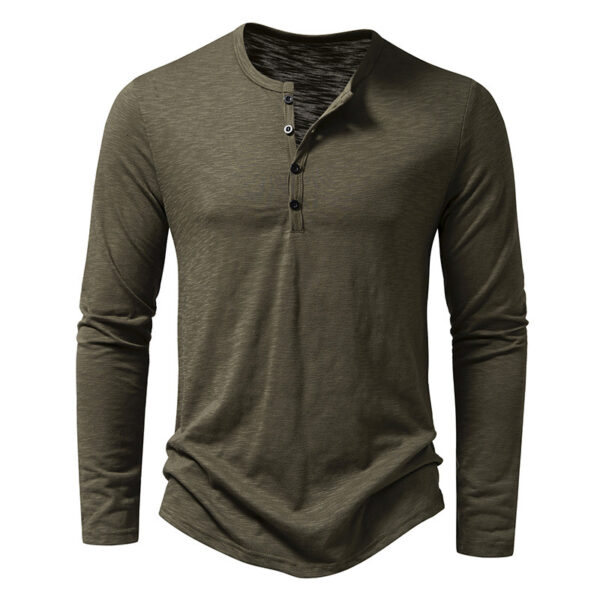 Mens Clothing Long Sleeve T-shirt Fashion Button Henry Collar Tops - Image 4