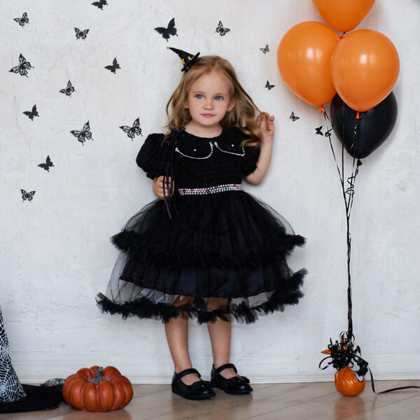 Girls' Fashion Halloween Mesh Stitching Puff Sleeve Dress - Image 7