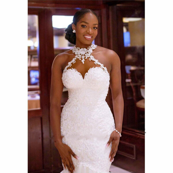 Vintage Lace Beaded Wedding Dresses Sheer Neck Mermaid Bridal Dresses Wedding Gowns - Image 3