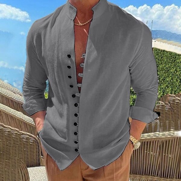 Retro Button Design Long-sleeved Shirt Men's Casual Loose Top Mens Clothing - Image 7