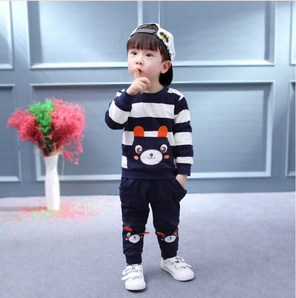 Children's Clothing Suit Boys And Girls Virgin Baby Cartoon Bear Striped Sweater Suit Children - Image 2