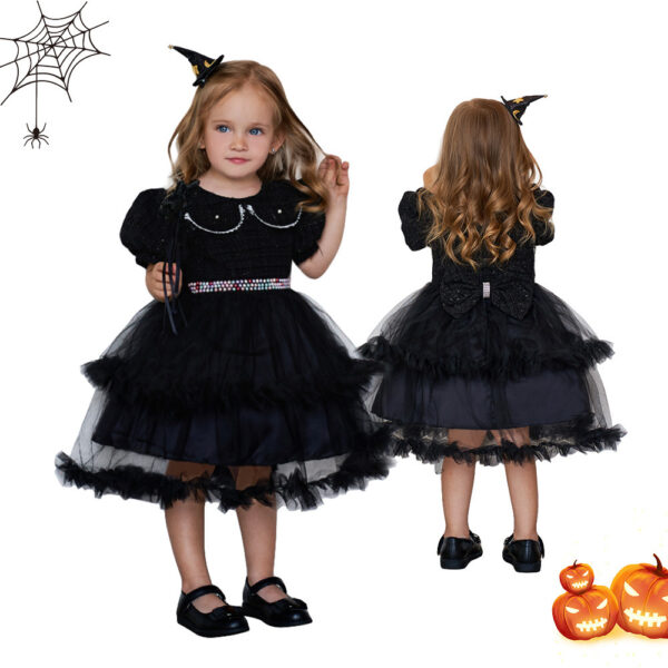 Girls' Fashion Halloween Mesh Stitching Puff Sleeve Dress - Image 5