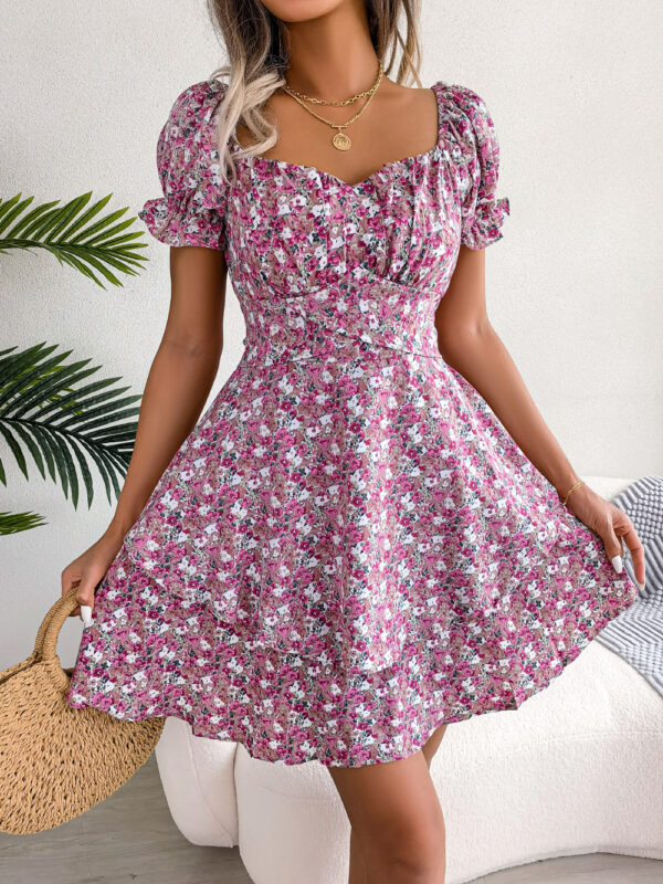 Women Mini Dress Temperament Big Swing Loose Hem Flower Print Shirring Dress Up Short Sleeves High Waist Summer Dress Clothes - Image 9