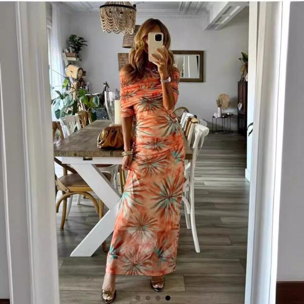 Printed Slim-fit Off-neck Long Sleeve Dress Women - Image 2