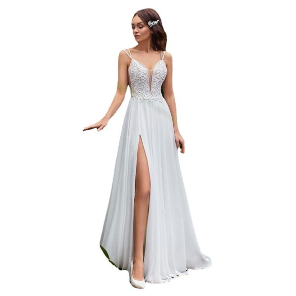 Sexy Side Slit A-Line Wedding Dresses Boho Beading Spaghetti Straps Sleeveless Lace Appliques Backless Chiffon Bridal Dresses - Image 3