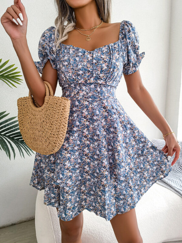 Women Mini Dress Temperament Big Swing Loose Hem Flower Print Shirring Dress Up Short Sleeves High Waist Summer Dress Clothes - Image 10