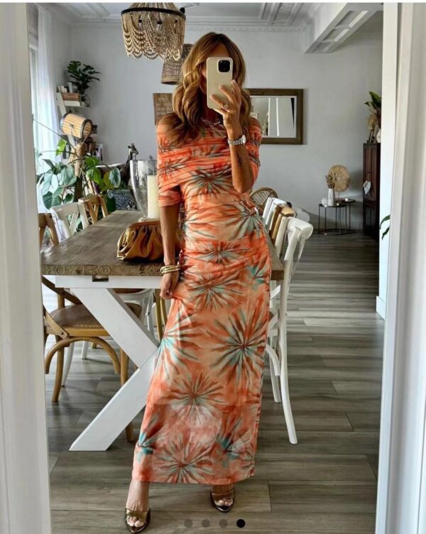 Printed Slim-fit Off-neck Long Sleeve Dress Women - Image 4