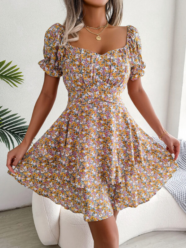 Women Mini Dress Temperament Big Swing Loose Hem Flower Print Shirring Dress Up Short Sleeves High Waist Summer Dress Clothes - Image 8