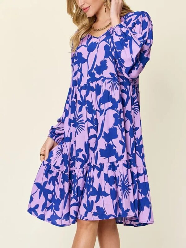 Casual Printed Long Sleeve Pleated Round Neck Dress - Image 7