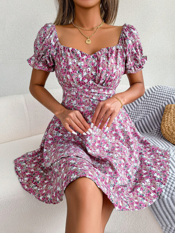 Women Mini Dress Temperament Big Swing Loose Hem Flower Print Shirring Dress Up Short Sleeves High Waist Summer Dress Clothes - Image 2