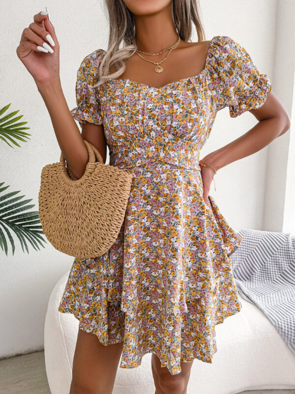 Women Mini Dress Temperament Big Swing Loose Hem Flower Print Shirring Dress Up Short Sleeves High Waist Summer Dress Clothes - Image 5