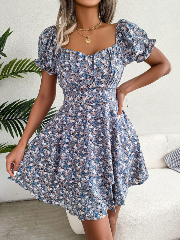 Women Mini Dress Temperament Big Swing Loose Hem Flower Print Shirring Dress Up Short Sleeves High Waist Summer Dress Clothes - Image 7