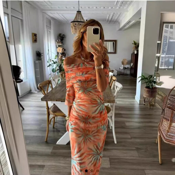 Printed Slim-fit Off-neck Long Sleeve Dress Women - Image 5