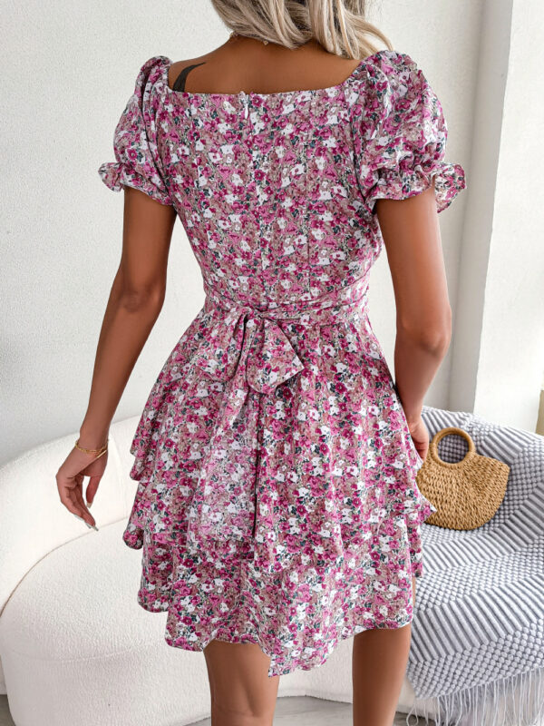 Women Mini Dress Temperament Big Swing Loose Hem Flower Print Shirring Dress Up Short Sleeves High Waist Summer Dress Clothes - Image 4