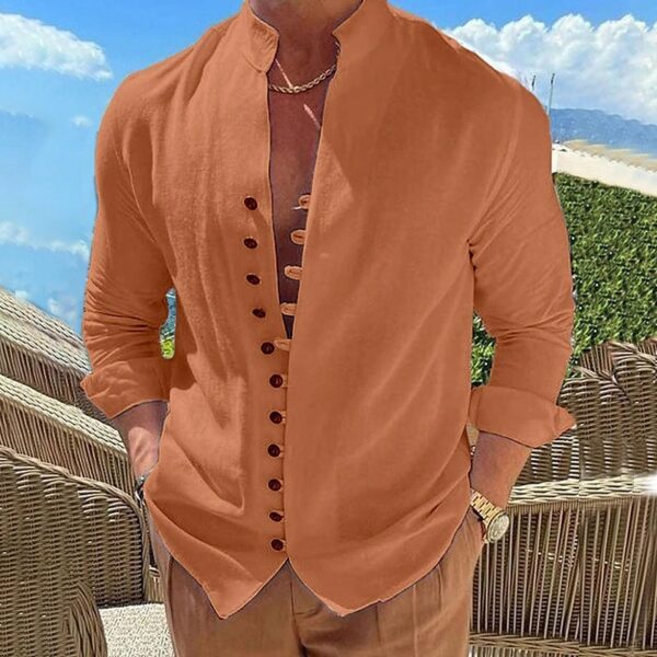 Retro Button Design Long-sleeved Shirt Men's Casual Loose Top Mens Clothing - Image 8