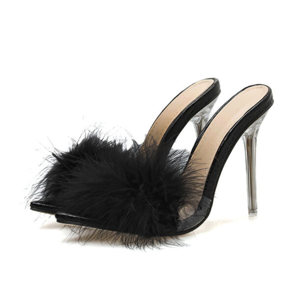 Woman Shoes Transparent Crystal High Heels Woman Feather Fur Slippers - Image 4