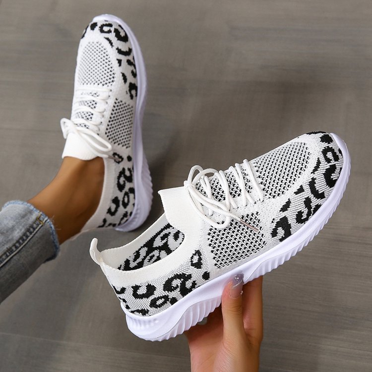 White Shoes Women Leopard Print Lace-up Sneakers Sports - Image 7