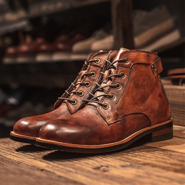 Retro Boots Men Lace-up Leather Ankle Boots Low Heel Motorcycle Shoes - Image 10