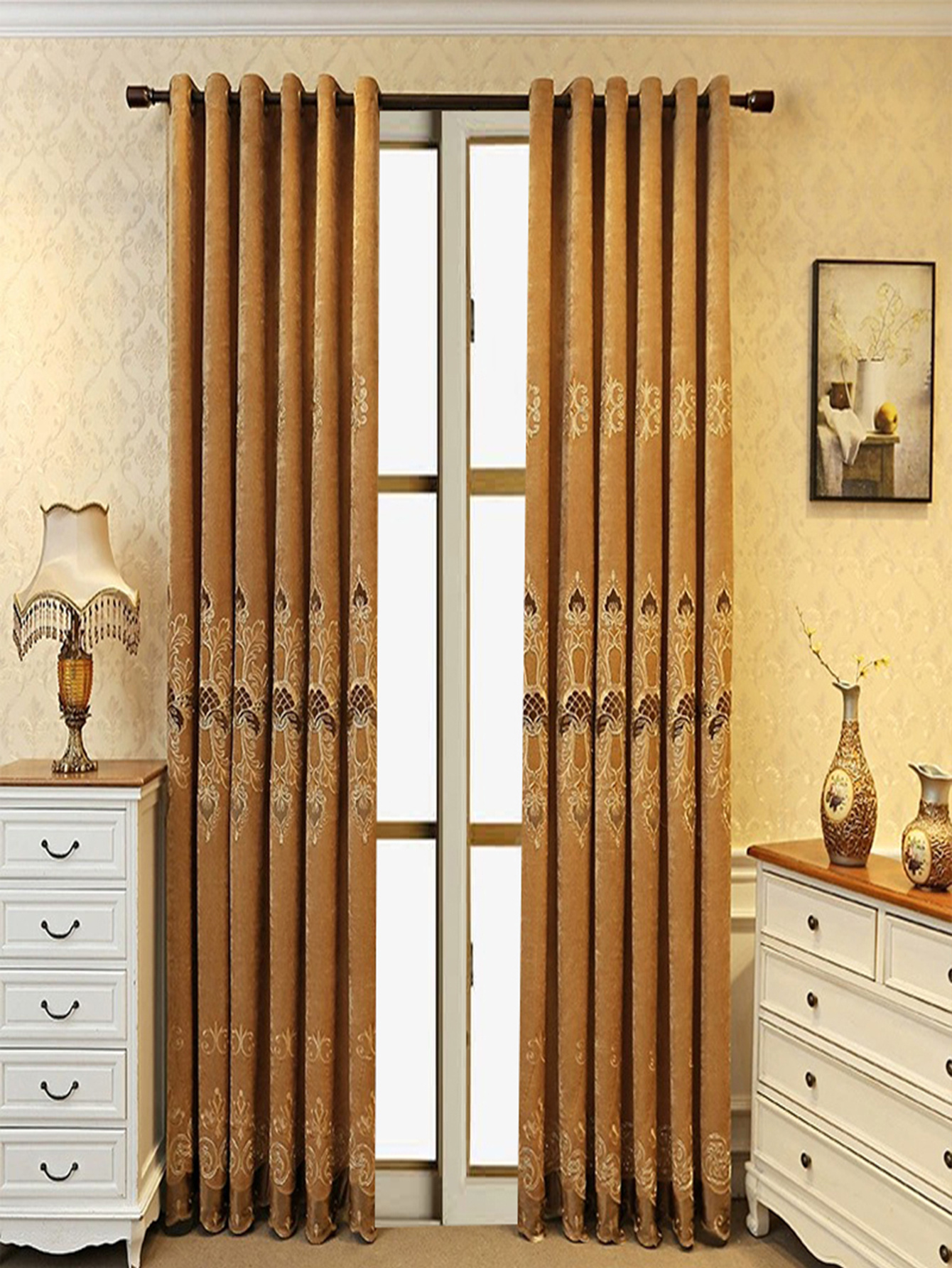 2 Pieces Elegant European Blackout Curtains - Simple Beige Velvet Decor Embroidery, UV Protection, Machine Washable Living Room And Bedroom, Light Control - Image 8