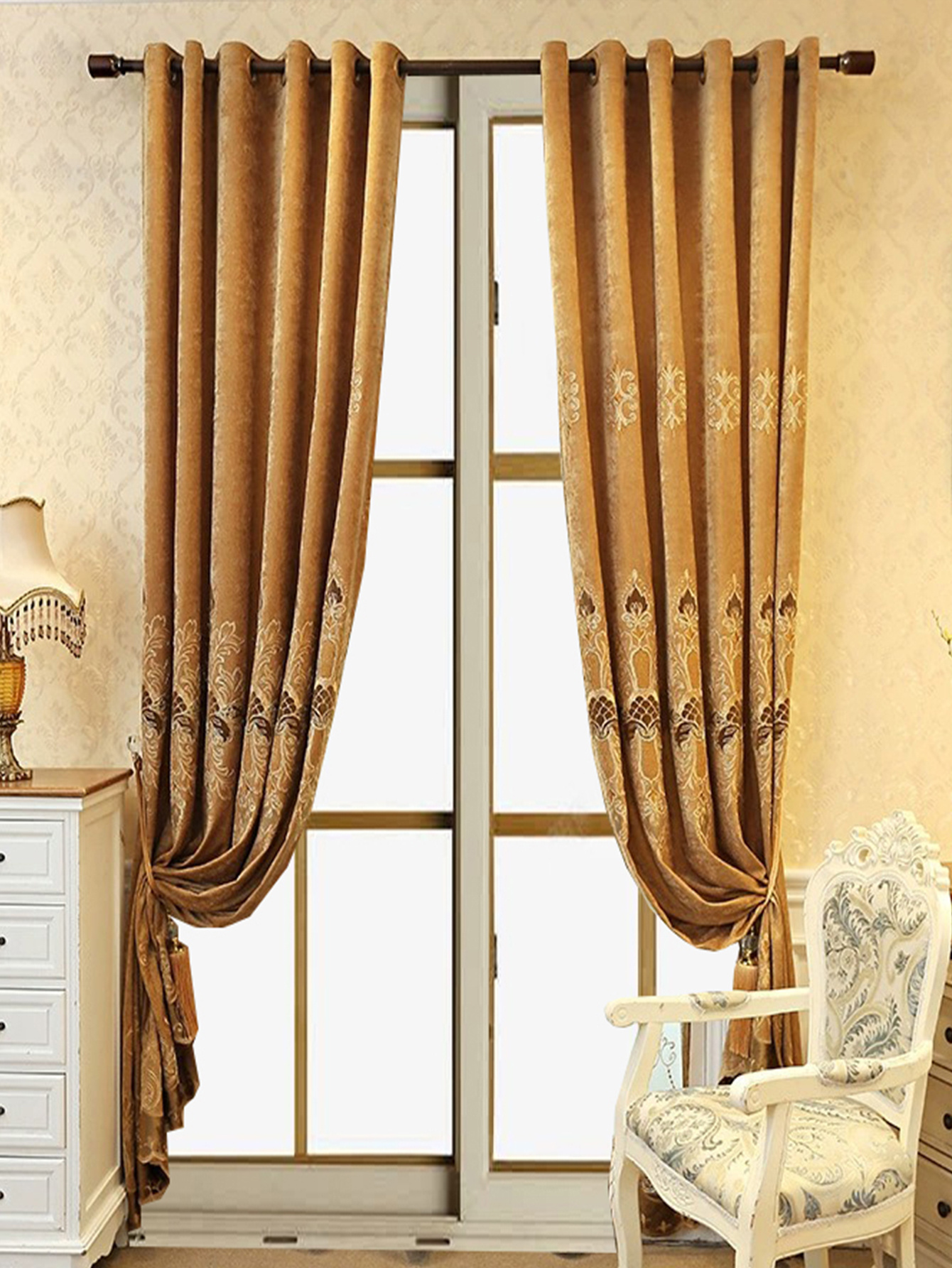 2 Pieces Elegant European Blackout Curtains - Simple Beige Velvet Decor Embroidery, UV Protection, Machine Washable Living Room And Bedroom, Light Control - Image 3