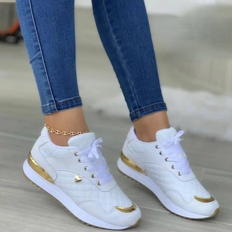 Plaid Sneakers Women Patchwork Lace Up Shoes With Love Decor - Image 3