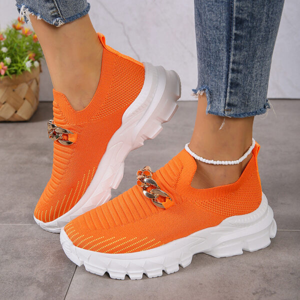 Fashion Chain Design Mesh Shoes For Women Breathable Casual Soft Sole Walking Sock Slip On Flat Shoes - Image 4