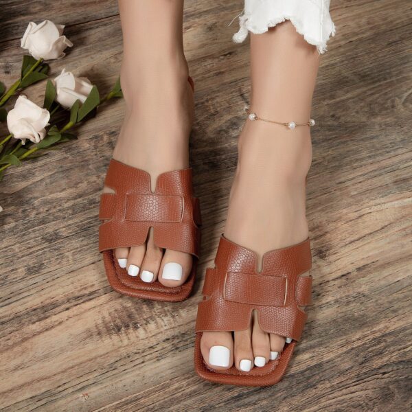 Square Toe Flat Sandals Summer Hollow Out Slides Slippers Women Footwear - Image 9