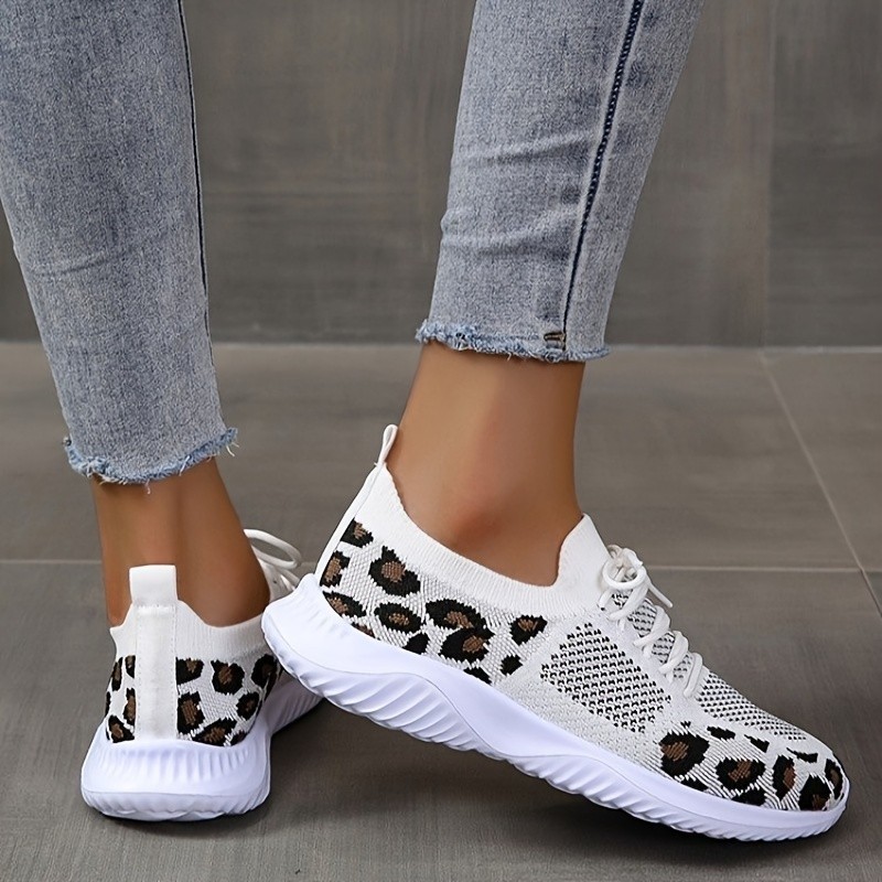 White Shoes Women Leopard Print Lace-up Sneakers Sports - Image 8