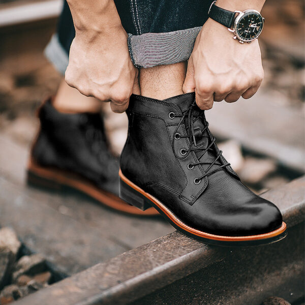 Retro Boots Men Lace-up Leather Ankle Boots Low Heel Motorcycle Shoes - Image 6