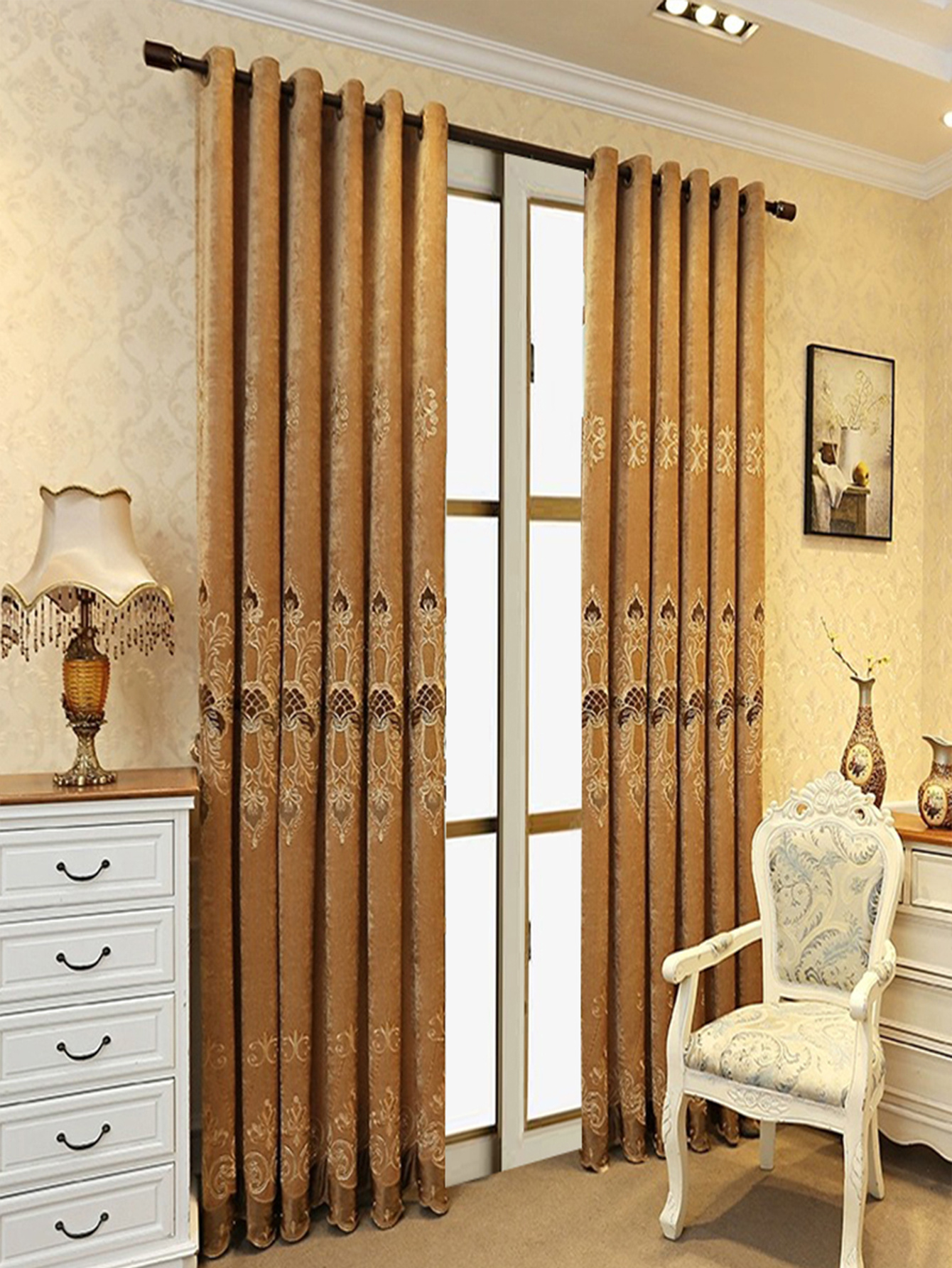 2 Pieces Elegant European Blackout Curtains - Simple Beige Velvet Decor Embroidery, UV Protection, Machine Washable Living Room And Bedroom, Light Control - Image 4