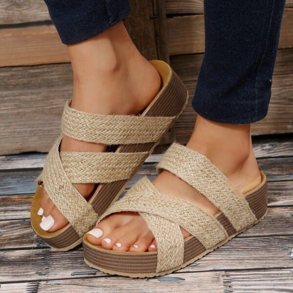 Woven Cross-strap Slippers Summer Platform Sandals Women Flat Beach Shoes - Image 2